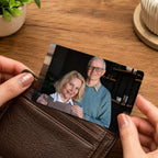 Personalized wallet card ordering steps: upload photo, add message, choose font, add sender name