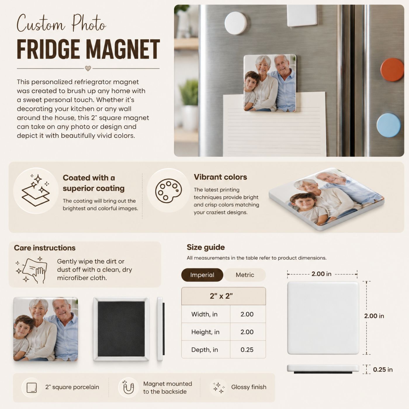 Custom photo fridge magnet with family photo on stainless steel refrigerator