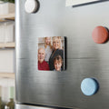 Custom photo fridge magnet with family photo on stainless steel refrigerator