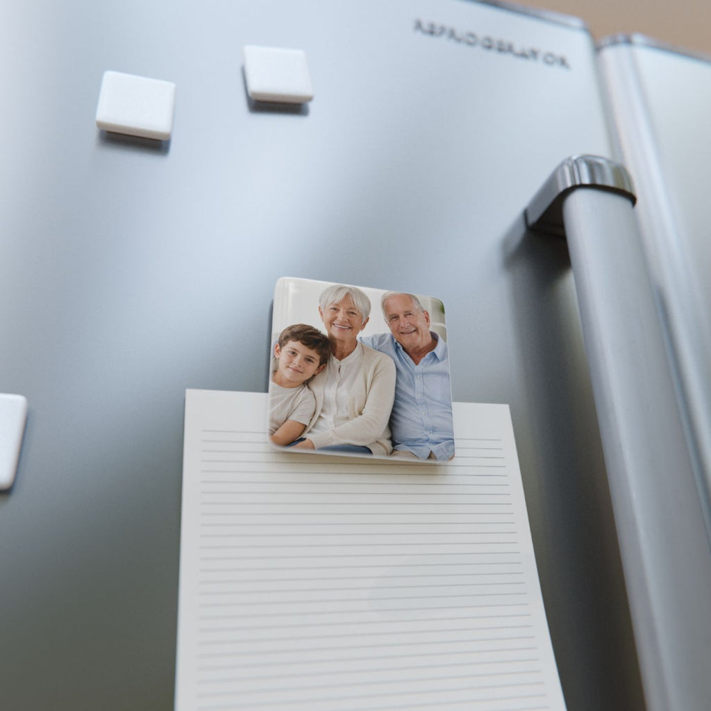 Custom photo fridge magnet with family photo on stainless steel refrigerator