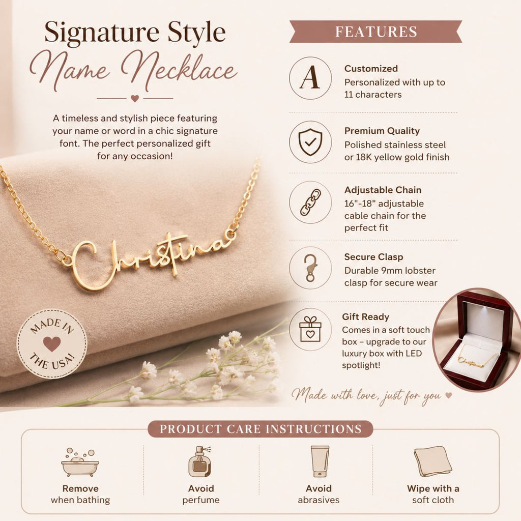 Woman wearing gold Signature Name Necklace with personalized name pendant