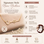 Woman wearing gold Signature Name Necklace with personalized name pendant