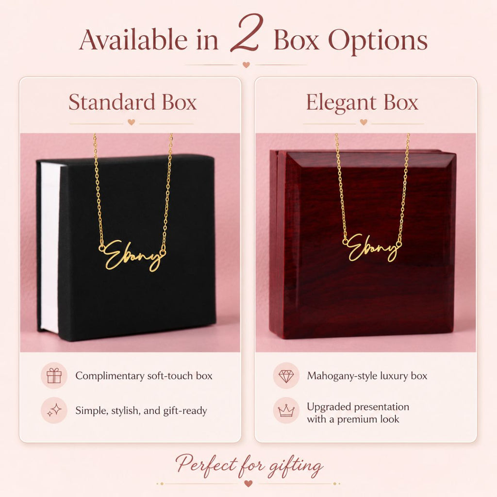 Woman wearing gold Signature Name Necklace with personalized name pendant