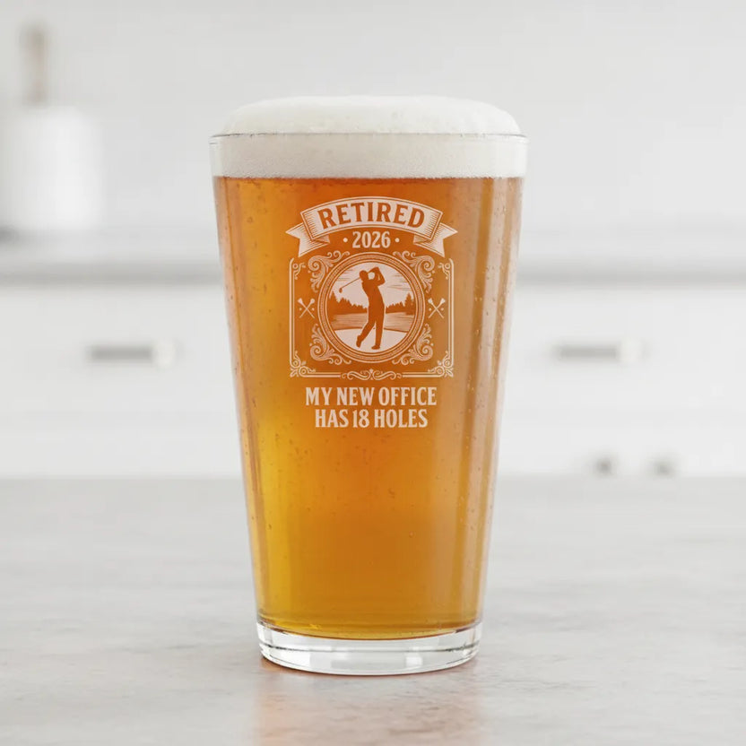 My new office has 18 holes retirement pint glass, a golf retirement gift for dad