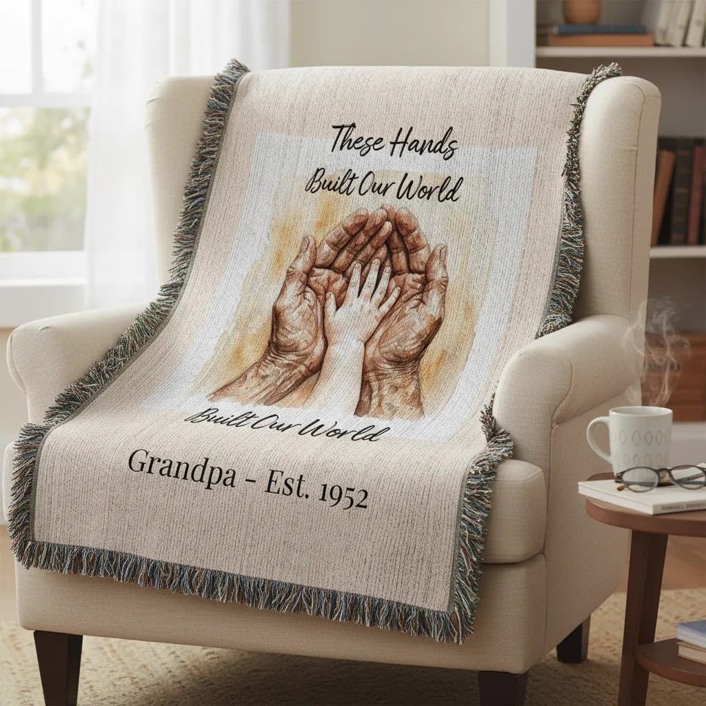 Heirloom Photo Woven Blanket (Portrait) Grandpa Grandchild holding hands